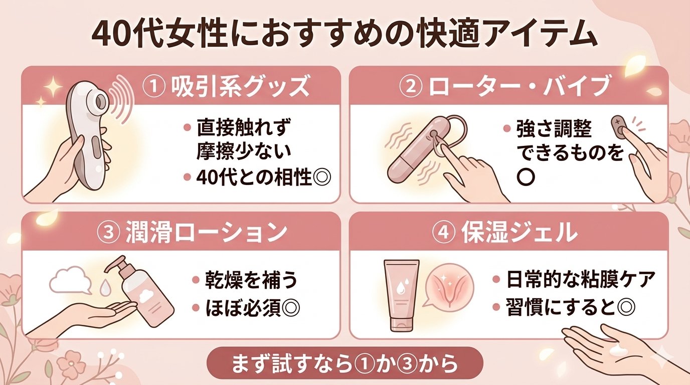 40代女性におすすめの快適アイテム — 吸引系・ローター・潤滑ローション・保湿ジェル