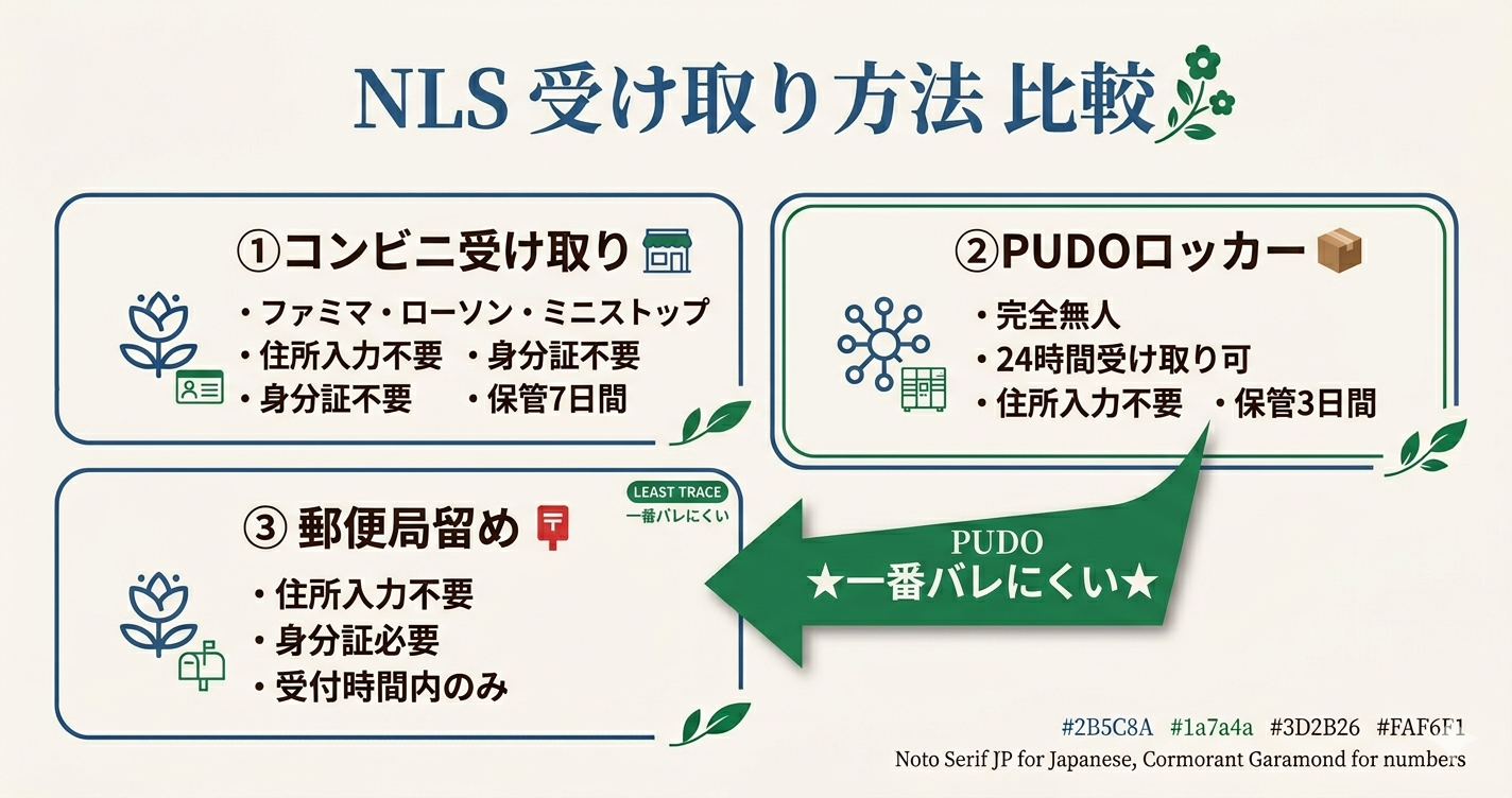 NLS受け取り方法比較——コンビニ・PUDO・郵便局留め